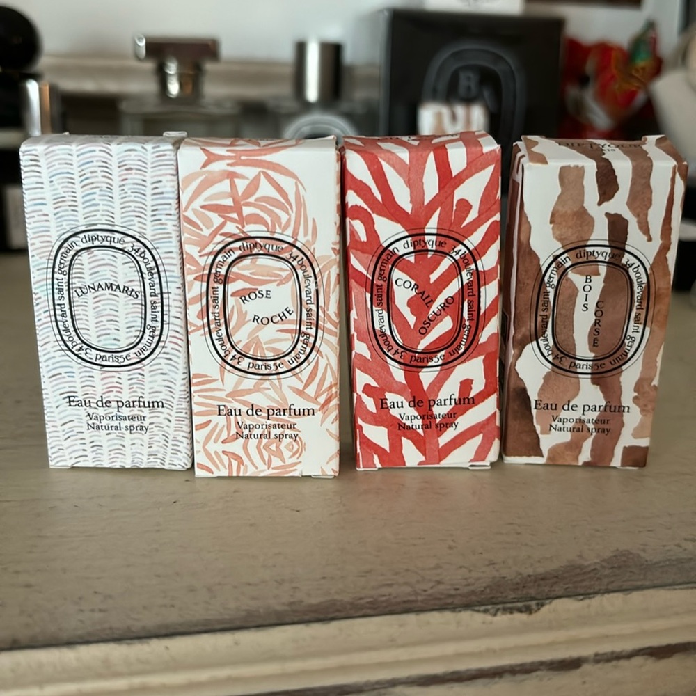 Diptyque Lunamaris, Coral Oscuro, Rose Roche, and Bois Corse